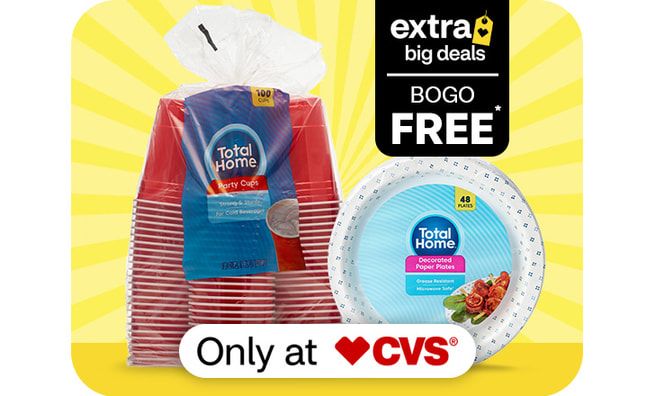 Extra Big Deals, buy 1, get 1 free. Only at CVS. Total Home cups and plates.
