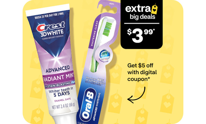 Extra Big Deals, $3.99. Pague $5 menos con un cupón digital. Crest 3-D toothpaste and Oral-B toothbrush