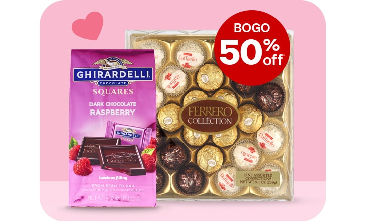 Buy 1, get 1 50% off, Ghiradelli dark chocolate raspberry squares and Ferrero collection premium chocolates