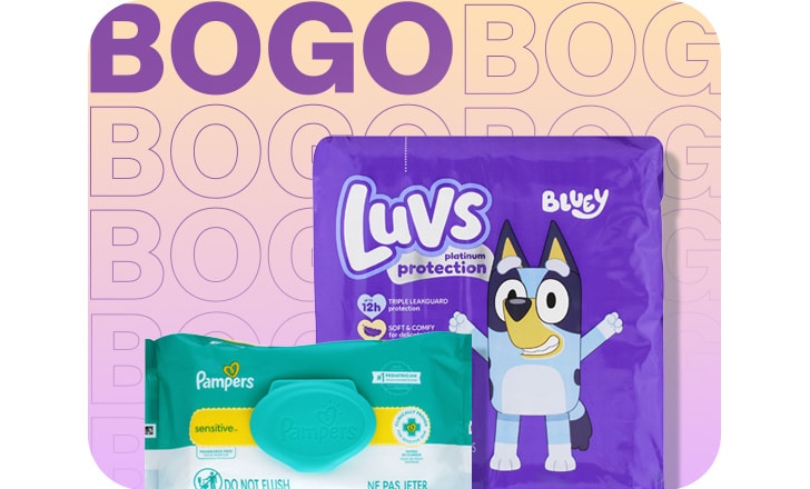 Buy 1, get 1 50% off, Bluey Luvs and Pampers wipes