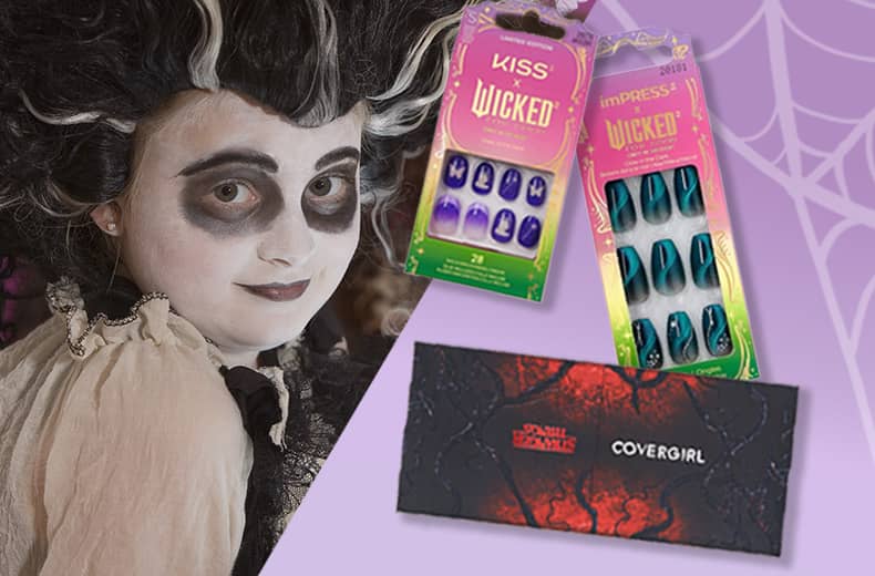 Kiss Wicked press-on nails and CoverGirl makeup, a young person dressed as a Beetlejuice character