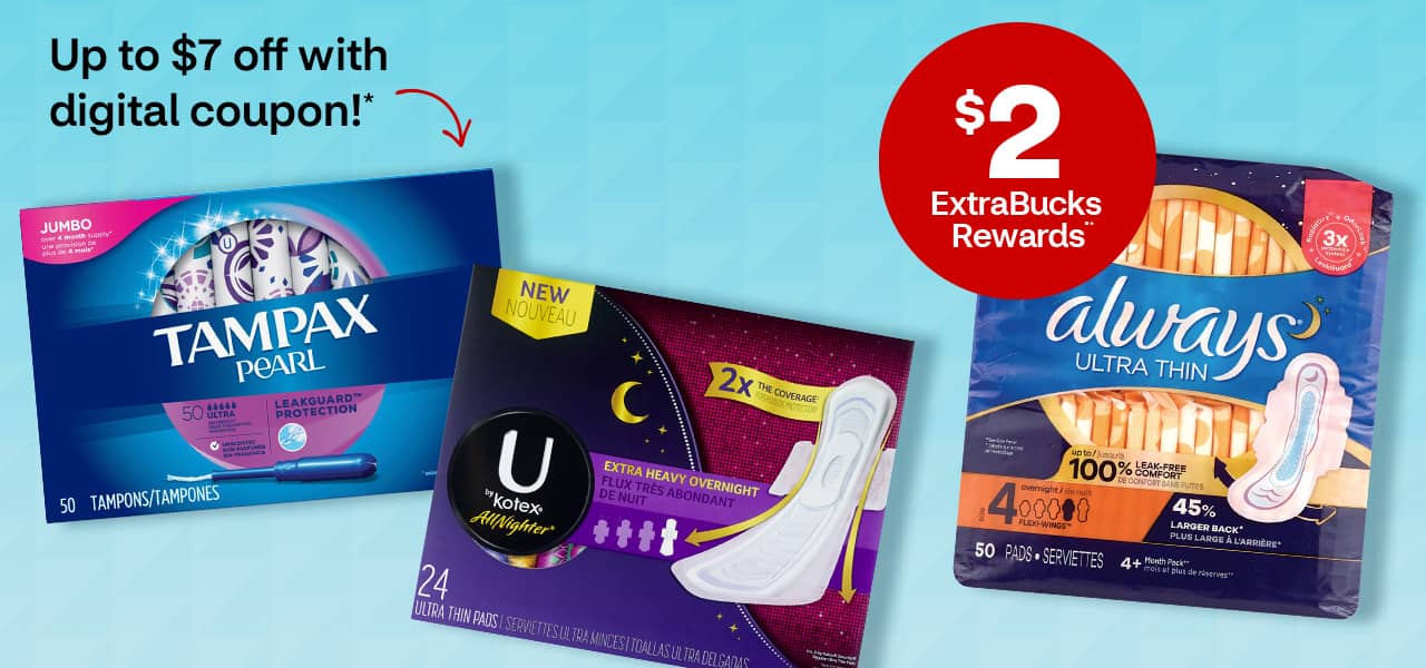 Up to $7 off with digital coupon! $2 ExtraBucks Rewards, Tampax Pearl tampons, Kotex U and Always Ultra Thins sanitary pads