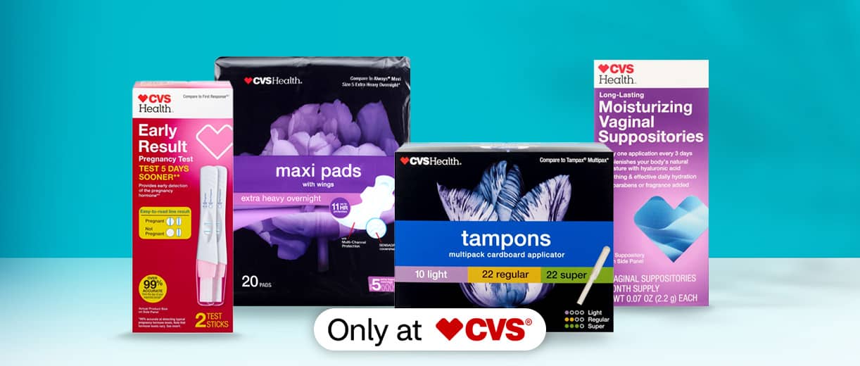 CVS Health Early Result pregnancy test, maxi pads, tampons and Moisturizing vaginal suppositories, only at CVS.