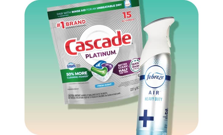 Cascade dishwasher detergent pods and Febreze air freshener