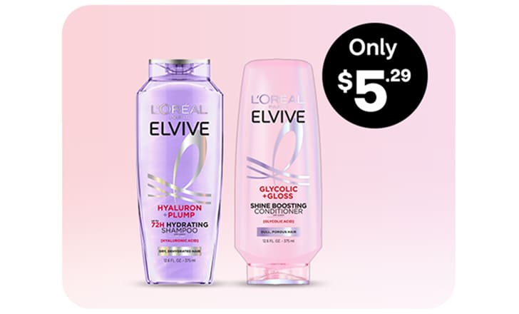 Only $5.29. L’Oréal Elvive Hyaluron plus Plump hydrating shampoo and Glycolic plus Gloss shine-boosting conditioner.