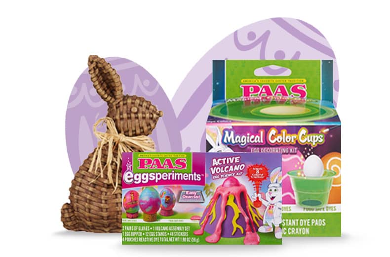 Basket-woven decorative bunny, Paas eggsperiments and Magical Color Cups egg decorating kit