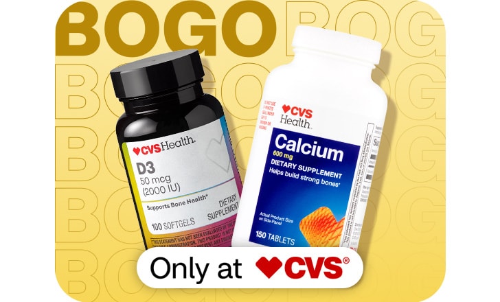 Only at CVS. Buy 1, get 1 free. CVS Health D3 and Calcium tablets.