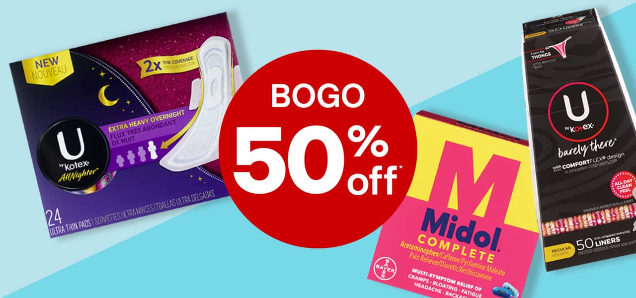 Buy one, get one 50 percent off, U by Kotex and Midol feminine care products