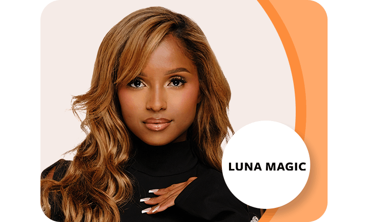 Portrait photo of Shaira  Frías, Luna Magic logo.