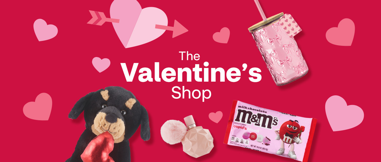 The Valentine's Shop, plush puppy toy with a heart, covered tumbler, cupid's blend M&Ms and fragrance