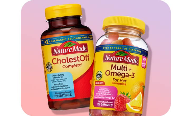 A bottle each of Nature Made Cholestoff softgels and Multi+ Omega 3 gummies.