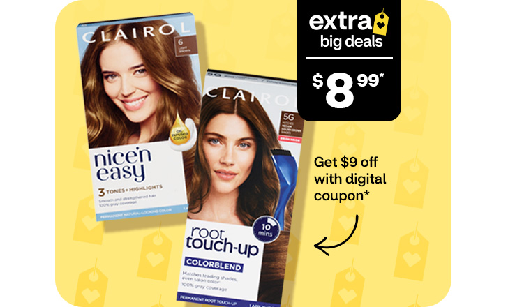 Extra big deals, $8.99. Pague $9 menos con un cupón digital. Clairol Nice’n Easy and Root Touch-Up hair colors