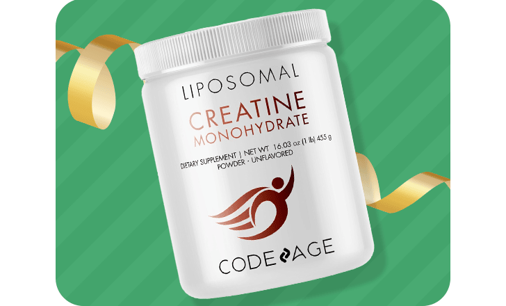 A container of Codeage Liposomal Creatine Monohydrate powder.