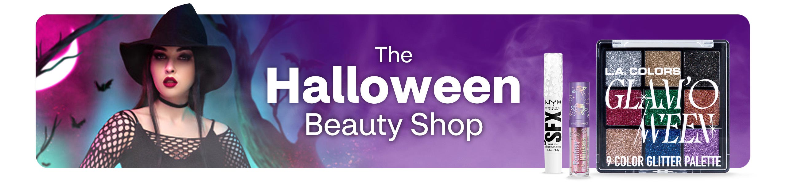 The Halloween Beauty Shop. A person dressed in a witch costume against a purple background with trees and a pink moon alongside beauty products, including L.A. Colors Glam'O Ween eyeshadow, Fantasy Makers lip gloss and SFX special effects mascara