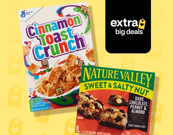 Cinnamon Toast Crunch cereal and Nature Valley breakfast bars, extra big deals