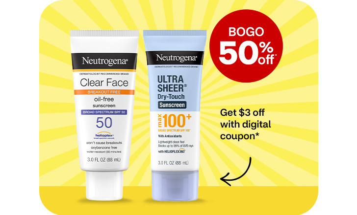 Buy 1, get 1 50% off. Get $3 off with digital coupon. Neutrogrena Clear Face and Ultra Sheer sunscreens
