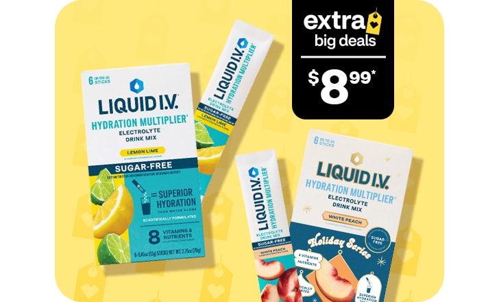 Extra Big Deals, $8.99. Liquid I.V. lemon lime and white peach flavor.