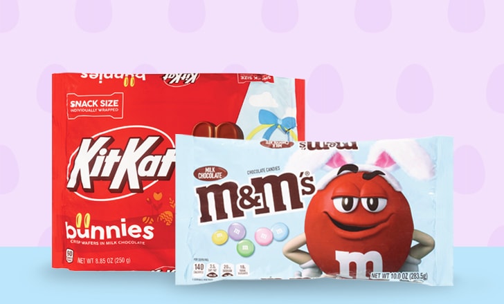 Snack-size KitKat bunnies and pastel-colored M&M’s