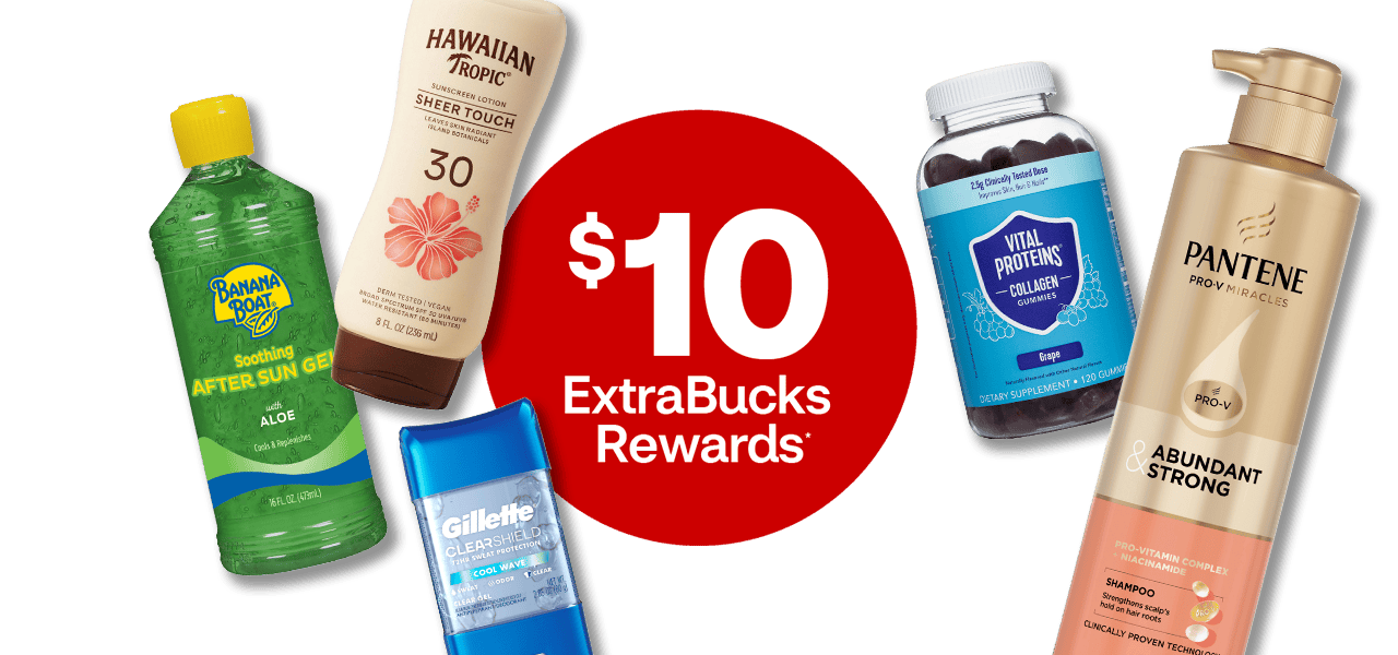 $10 en recompensas ExtraBucks Rewards. Pantene Nettoyage Classique shampoo, Liquid I.V., Olay Regenerist Retinol night cream, Gillette deodorant and L’Oréal Paris Midnight Cream against a yellow sunshine background