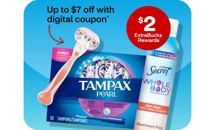 Up to $7 off with digital coupon, $2 ExtraBucks Rewards, Gillette Venus razor, Tampax pearl tampons and Secret whole body deodorant