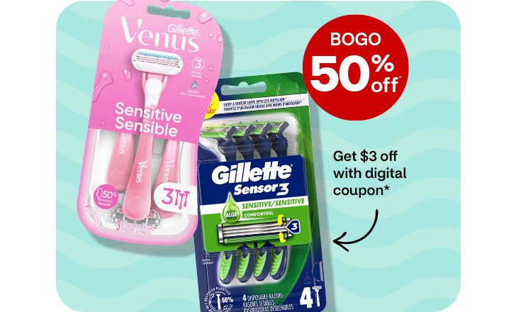 Buy 1, get 1 50% off. Pague $3 menos con un cupón digital. Gillette Venus Sensitive Sensible razors and Gillette Sensor3 razors