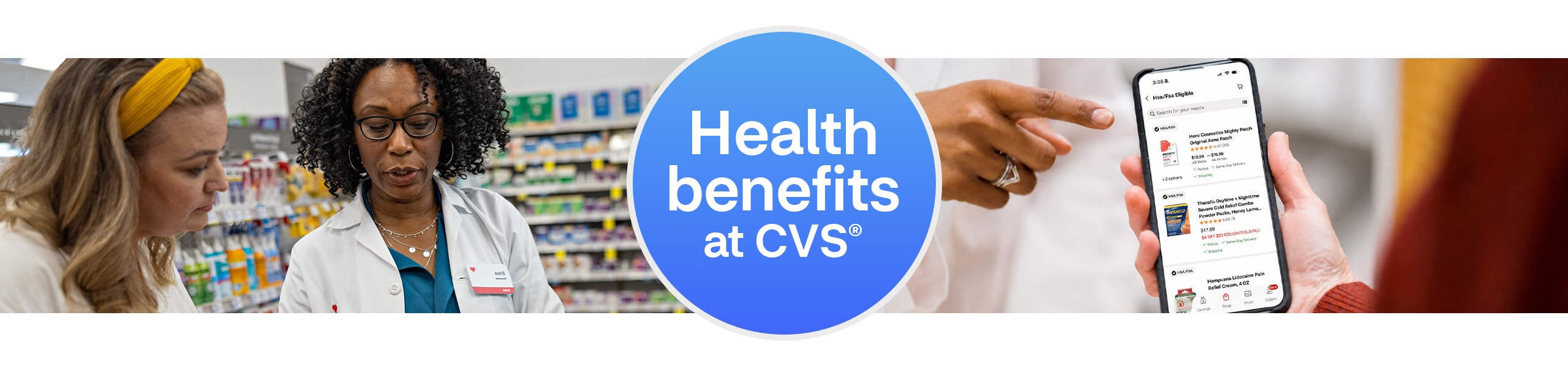 Health Benefits at CVS homepage banner featuring pharmacy customers and a mobile device displaying health benefit options