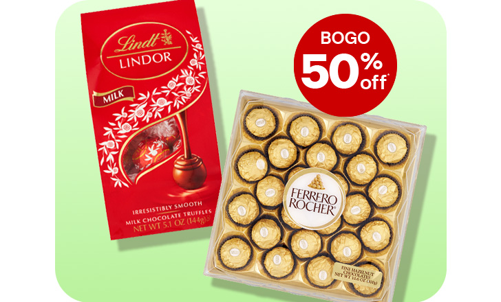 Buy one, get one 50 percent off, Lindt chocolate truffles and Ferrero Rocher candy