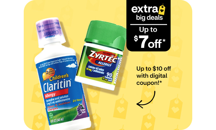 Extra Big Deals. Up to $7 off. Up to $10 off with digital coupon! Children's Claritin and Zyrtec allergy medicine.