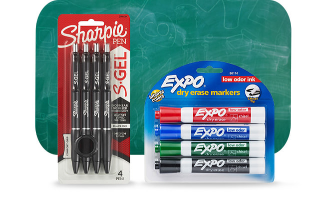 Sharpie gel pens and Expo dry erase markers