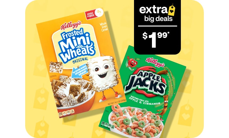 Extra Big Deals, $1.99. Kellogg's Frosted Mini Wheats and Apple Jacks cereal.