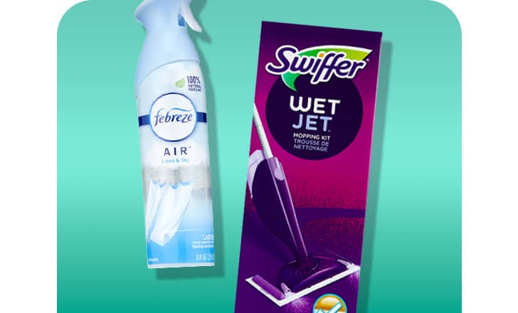 Febreze air freshener and Swiffer Wet Jet mop.