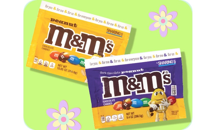 Peanut M&M's and Dark Chocolate Peanut M&M's against a green background with pastel-colored flowers