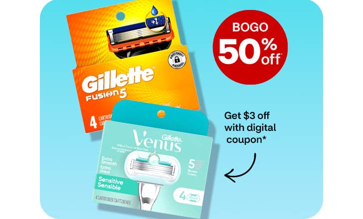 Buy one, get one 50 percent off, get $3 off with digital coupon, Gillette Fusion 5 razor cartridges and Gillette Venus Sensitive package of 4 cartridges