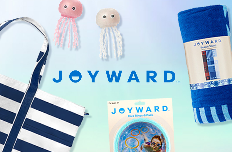Joyward black-and-white striped bag, blue striped towel and 6-pack pool Dive Rings with jellyfish squishy toys.