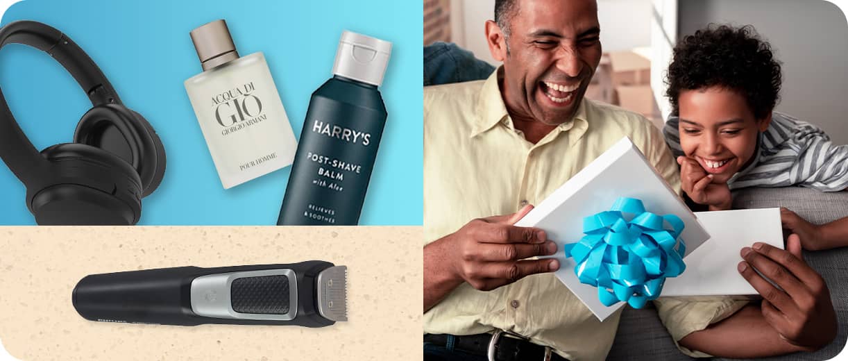 Wireless headphones, Acqua di Gio cologne, Harry's Post Shave Balm and cordless razor, father opening a gift