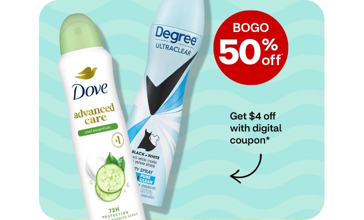 Buy 1, get 1 50% off. Pague $4 menos con un cupón digital. Dove Advanced Care and Degree Ultra Clear