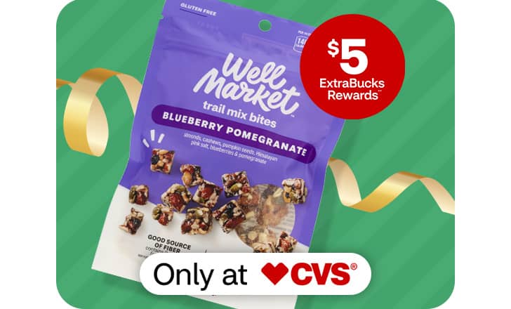 $5 ExtraBucks Rewards, a bag of Well Market Blueberry Pomegranate trail mix bites, only at CVS.