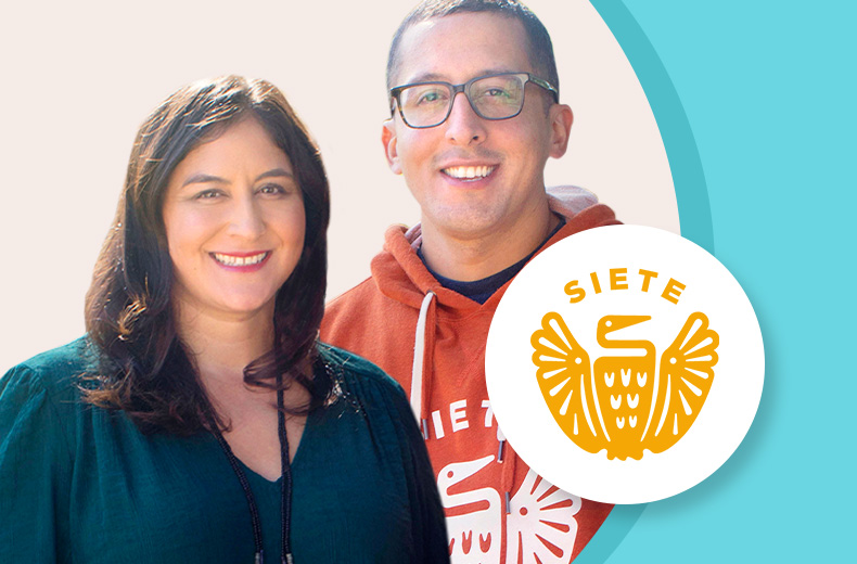 Portrait photo of Veronica and Miguel Garza, Siete logo.