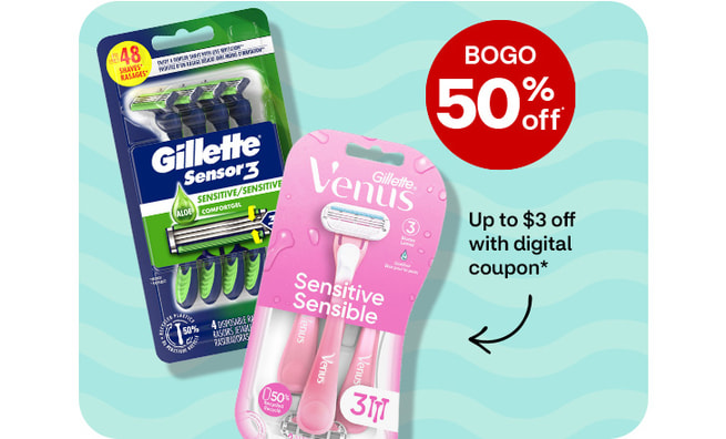 Buy 1, get 1 50% off. Hasta $3 menos con cupón digital. Gillette Sensor3 and Gillette Venus razors