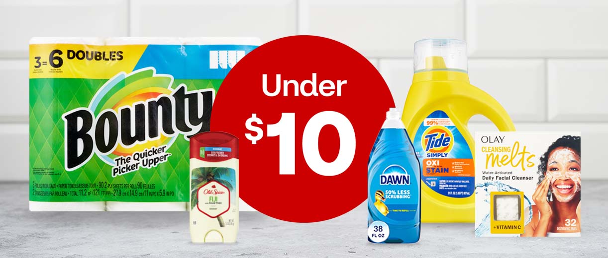 Ofertas por menos de $10, como detergente lavavajillas Dawn, detergente para lavandería Tide, desodorante Old Spice, toallas de papel Bounty y Olay Cleansing Melts