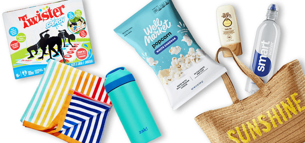 Twister game, beach towel, Zaki insulated water bottle, Well Market popcorn, poppi soda, Sun Bum sunscreen and tote bag