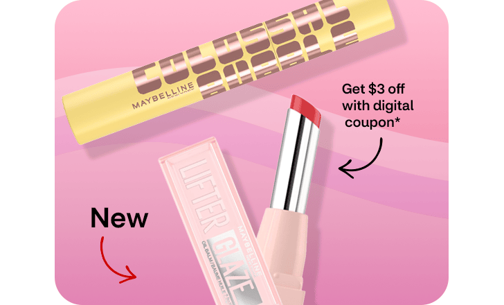 Get $3 off with digital coupon, new, Maybelline Lifter Glaze lip color and Colossal Bubble mascara