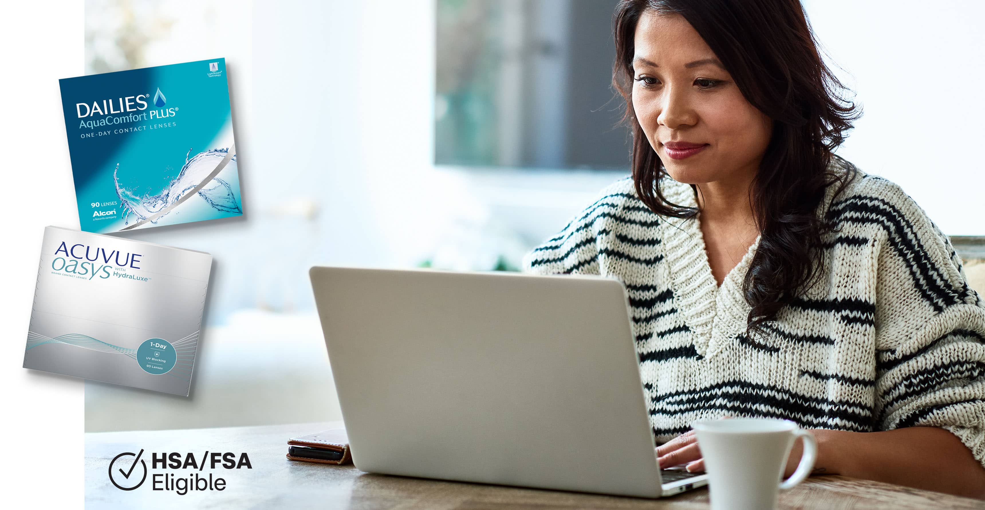 contact lenses packages and a woman looking at a laptop screen