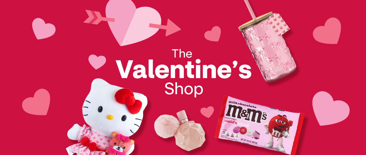 The Valentine's Shop, plush puppy toy with a heart, covered tumbler, cupid's blend M&Ms and fragrance
