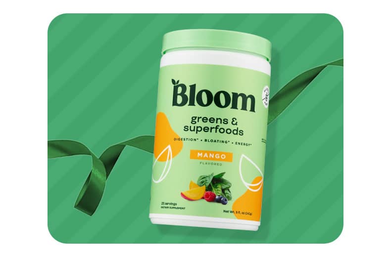 A container of Bloom greens and super foods nutrition support product.