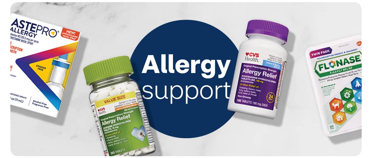 Allergy Support product including Astepro allergy, Flonase, and CVS Health Allergy Relief.