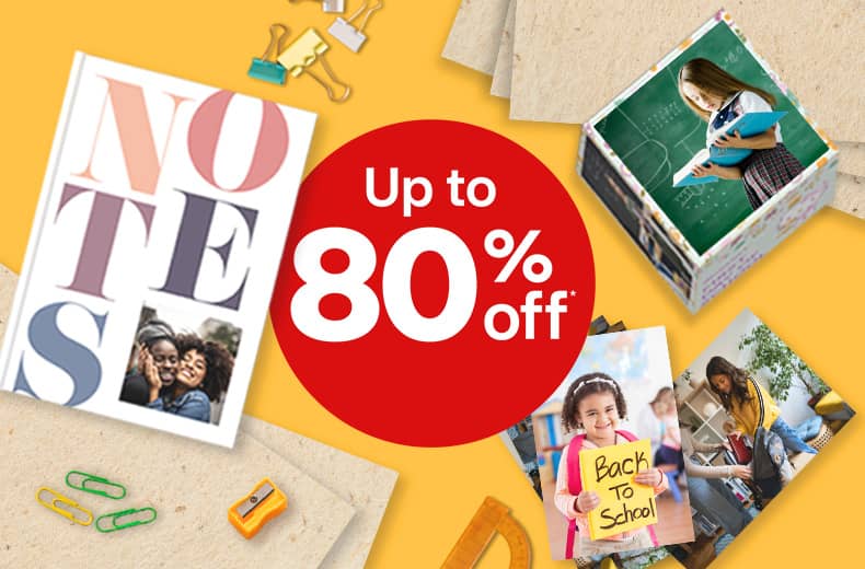 Up to 80 percent off photo products, including photo notebook, prints, keepsake box
