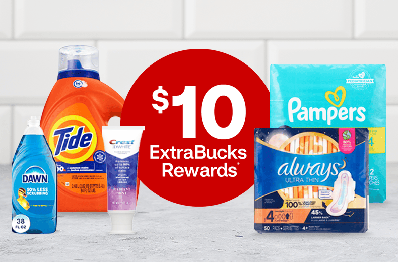 $10 ExtraBucks Rewards, a bottle each of Dawn dishwashing liquid and Tide laundry detergent, a tube of Crest 3D White toothpaste, a package each of Pampers diapers and Always Ultra Thin pads.