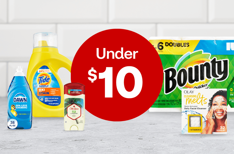 Deals under $10, including Dawn dish detergent, Tide laundry detergent, Old Spice deodorant, Bounty paper towels and Olay Cleansing Melts