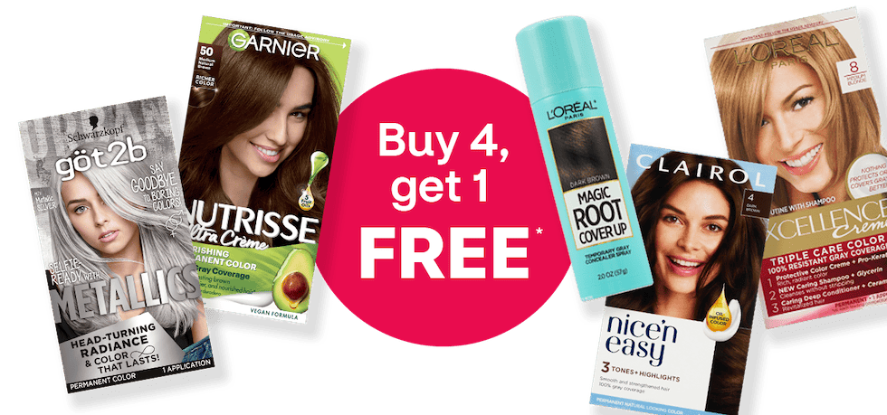 Buy 4, get one free. Got2b Metallic, Garnier Nutrisse Ultra Creme, L'Oreal Paris Magic Root Coverup, Clairol Nice 'n Easy and L'Oreal Paris Excellence Creme hair color products.